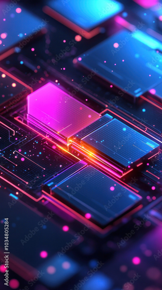 Poster a colorful image of a computer chip with a blue background. the image is abstract and has a futurist