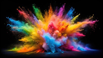 Aerial explosion of colored holi powder splash of paint and smoke on black background