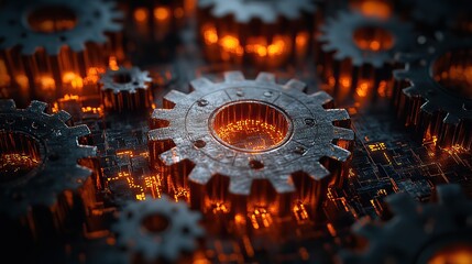 rust programming language concept with rusty gears emerging from the dark symbolizing robust and efficient coding practices.stock image