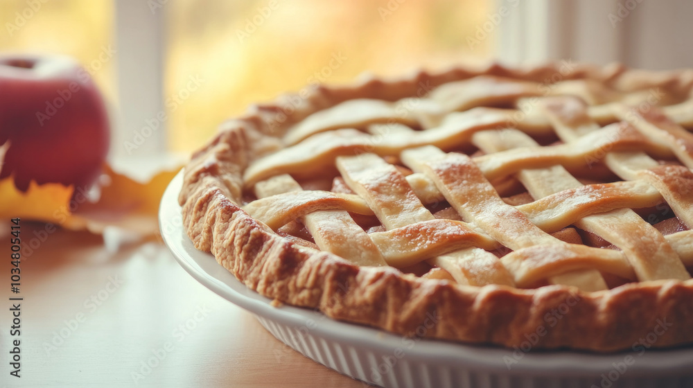 Poster a pie with lattice crust and a slice of apple pie on top. the pie is sitting on a table