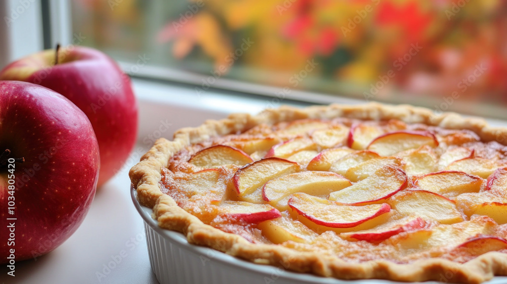 Aufkleber a pie with apples on top sits on a table next to two apples. the pie is cut into slices and the appl