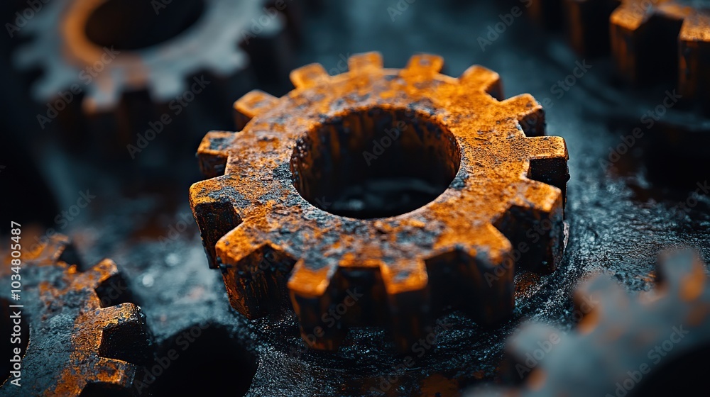 Poster rust programming language concept with rusty gears emerging from the dark symbolizing the robust and