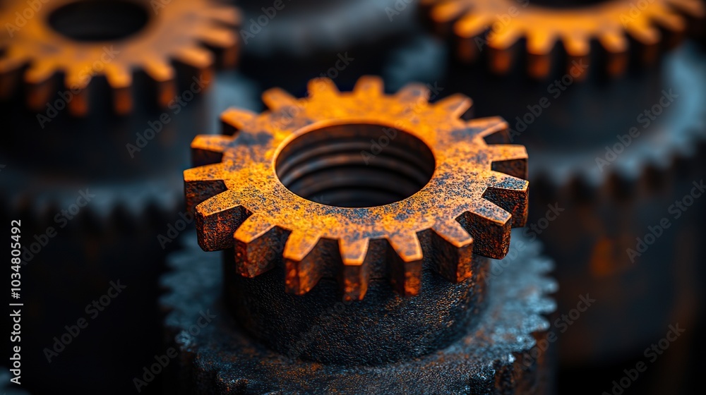 Fototapete rust programming language concept with rusty gears emerging from the dark symbolizing the robust and efficient nature of rust