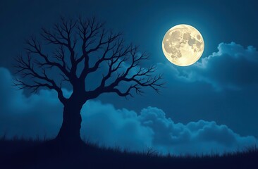 The silhouette of a spooky bare branch halloween tree against a winter blue night sky with a glowing full moon and clouds