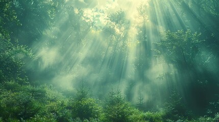 Obraz premium Sunbeams Through a Misty Forest - Serene Nature Photography