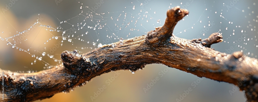 Poster a branch with a spider web on it. the spider web is made of water droplets. the branch is brown and 