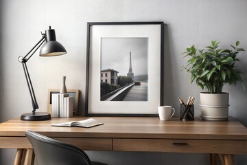 Modern home office desk with framed eiffel tower photo and plants