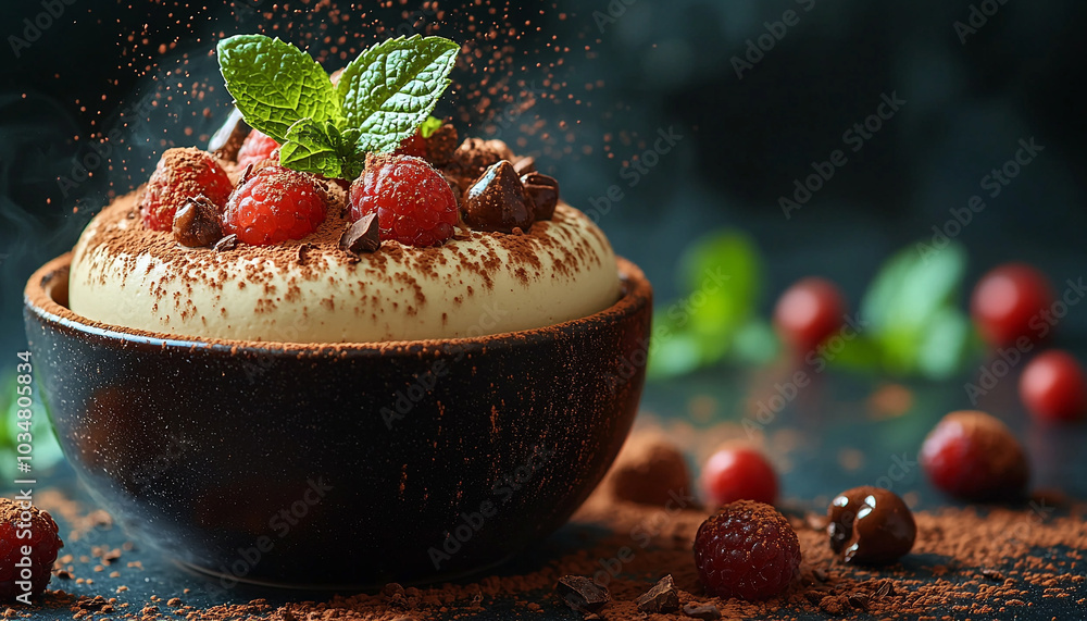 Poster dark chocolate mousse with raspberry and mint leaf. generated by ai