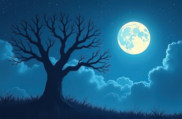 The silhouette of a spooky bare branch halloween tree against a winter blue night sky with a glowing full moon and clouds