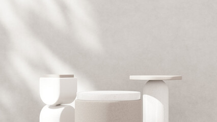Minimalistic, simple, and light background for product presentation. Streaming sunlight casts soft shadows from a window onto a white-gray wall and floor, creating a clean and elegant atmosphere.