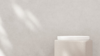 Minimalistic, simple, and light background for product presentation. Streaming sunlight casts soft shadows from a window onto a white-gray wall and floor, creating a clean and elegant atmosphere.