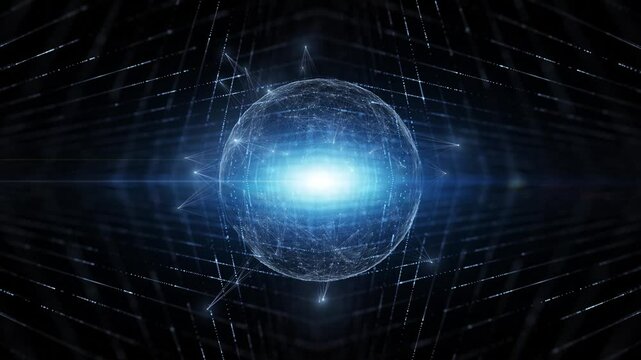 Futuristic glow digital lines pattern with cyberspace sphere loop animation.