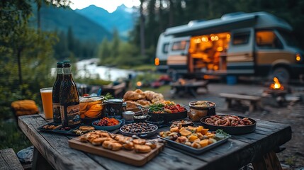 scenic outdoor camping setup with picnic spread on wooden table featuring food and drink van life adventure with camper van in the background perfect for an outdoor trip