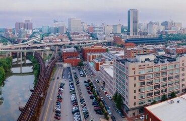Canal and Downtown city skyline at sunrise. Richmond, Virginia, United States.