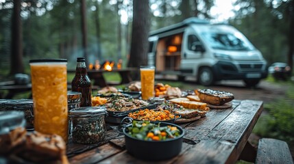 scenic outdoor camping setup with picnic spread on wooden table featuring food and drink van life adventure with camper van in the background perfect for an outdoor trip.illustration