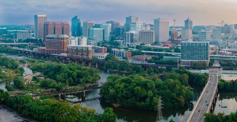 The James River and the downtown city skyline at sunrise. Richmond, Virginia, United States.