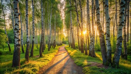 Fototapeta premium Aerial view of summer birch grove pathway at dusk