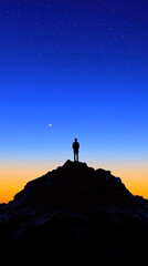 A man stands on a mountain peak at night, looking out at the stars. The sky is dark and clear, with a few stars visible. The man is alone, and the scene is peaceful and serene