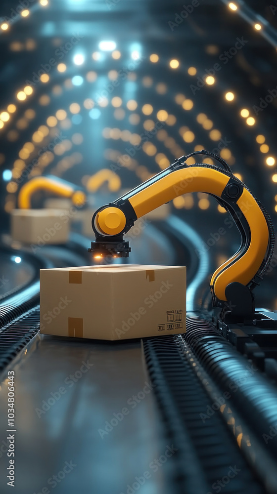 Poster a robot is working on a box, and the box is labeled with the number 1. the robot is yellow and has a