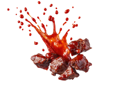 barbecue meat pieces splashing on transparent background