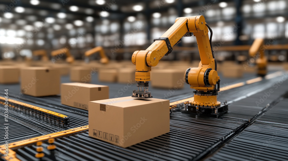 Poster a robot is working on a box in a factory. the robot is yellow and has a long arm. the factory is fil