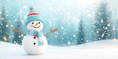 A cute snowman in the snowy landscape, wearing a colorful scarf and hat with arms outstretched to welcome you on Christmas day. The background features an enchanting winter forest scene.