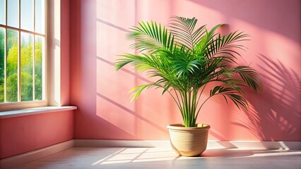 Sunlight Streaming Through a Window Illuminates a Lush Palm Plant in a Light-Filled Corner with Pale Pink Walls