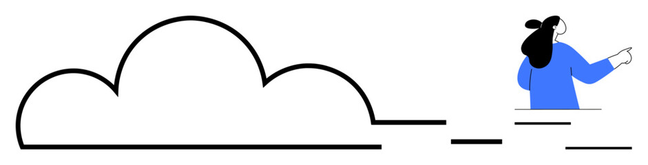 Woman dressed in blue pointing towards a large black-outlined abstract cloud shape. Ideal for technology and innovation and cloud computing and data storage and digital transformation themes. Simple