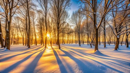 Golden rays of dawn illuminate a snow-covered woodland, casting long, intricate shadows that dance across the pristine landscape.