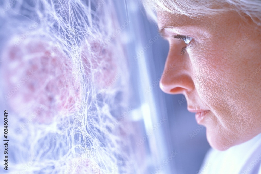 Poster woman in lab coat analyzing samples in modern lab for breast cancer research - concept of science an