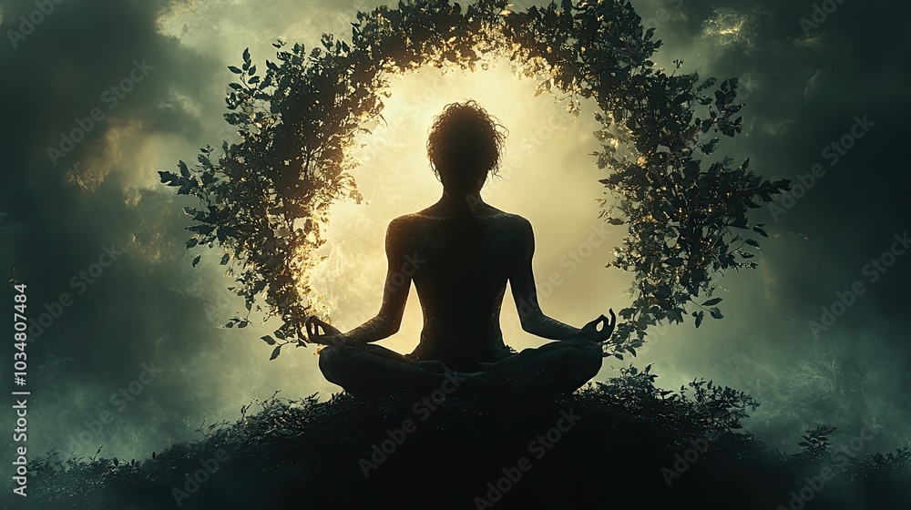 Poster serene individual in lotus pose practicing meditation the figure is encircled by stylized leaf motif