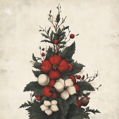 A decorative arrangement of red and white flowers with green foliage.