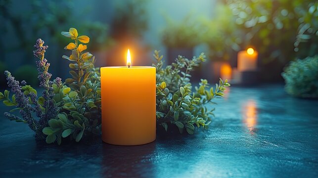 serene guided meditation scene featuring stylizedof candle and plant elements symbolizing tranquility and mindfulness.stock image