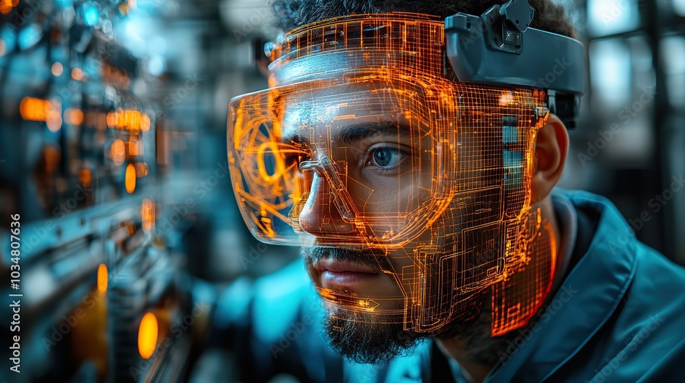 Poster showcasing predictive maintenance in factories factory worker views holographic projection of machin