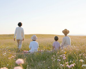 Fototapeta premium Family Picnic in Blooming Field at Sunset – Celebrating Togetherness