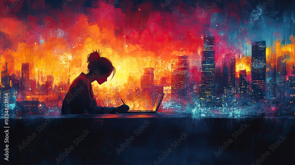 Poster silhouette of person at table with abstract shapes and vibrant colors representing developer evaluat