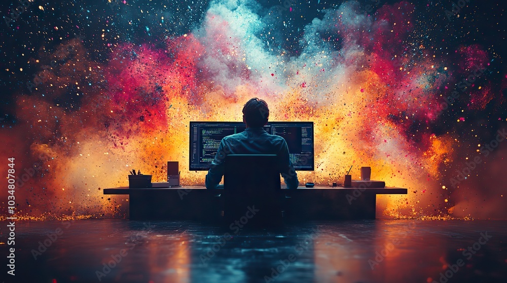 Poster silhouette of person working at computer surrounded by colorful abstract paint splashes symbolizing 