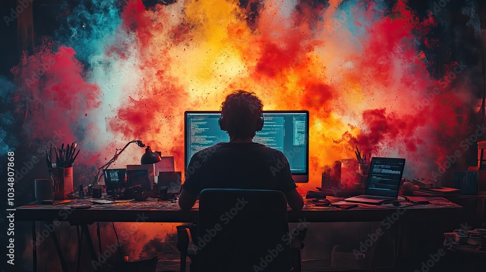 Poster silhouette of person working at computer surrounded by colorful abstract paint splashes symbolizing 