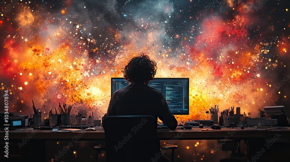 Poster silhouette of person working at computer surrounded by colorful abstract paint splashes symbolizing 