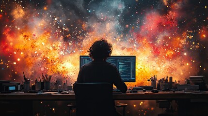 silhouette of person working at computer surrounded by colorful abstract paint splashes symbolizing creativity and digital work