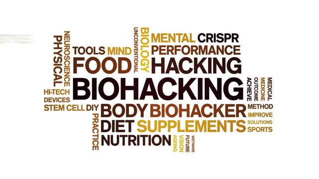 Biohacking animated word cloud;text design animation tag kinetic typography seamless loop.