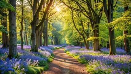 Naklejka premium Sunlight filtering through a canopy of green leaves illuminating a path lined with vibrant blue wildflowers