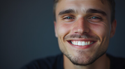Fototapeta premium Closeup portrait of handsome smiling young man. Laughing joyful cheerful men isolated studio shot. Panoramic banner