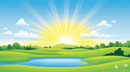 Obraz premium Vibrant Vector Landscape with Rolling Hills and Sunlight