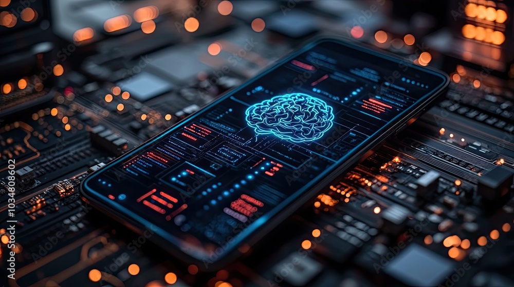 Poster smartphone displaying ai with brain symbol representing artificial intelligence and technology advan
