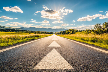 Naklejka premium Asphalt Road Symbolism, Long, asphalted road with upward arrows. Symbolizes growth, development, success.Ideal for themes of progress, ambition, and continuous improvement.