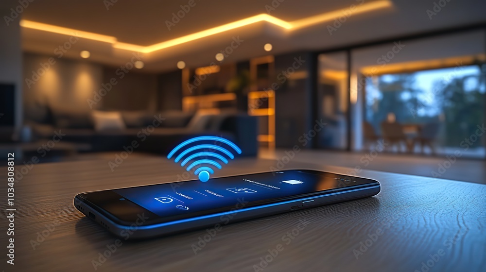 Poster smartphone displaying smart home control with wifi symbol representing modern home automation techno