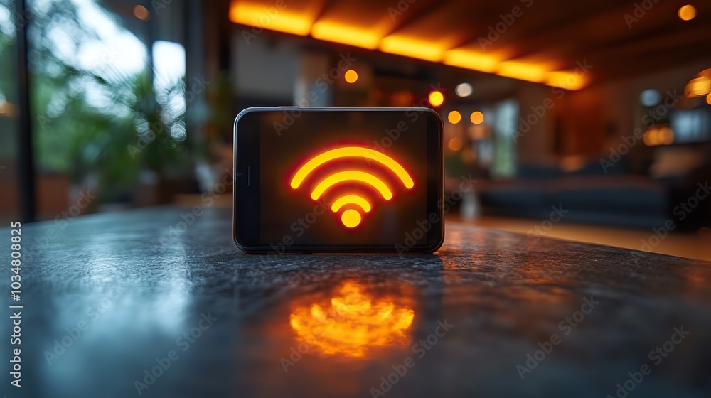Poster smartphone displaying smart home control with wifi symbol representing modern home automation techno