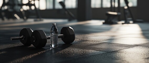 Dumbbells and Water Bottle in a Gym
