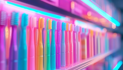 Obraz premium A colorful array of modern toothbrushes displayed on a shelf, illuminated by vibrant neon lights, creating a lively atmosphere.